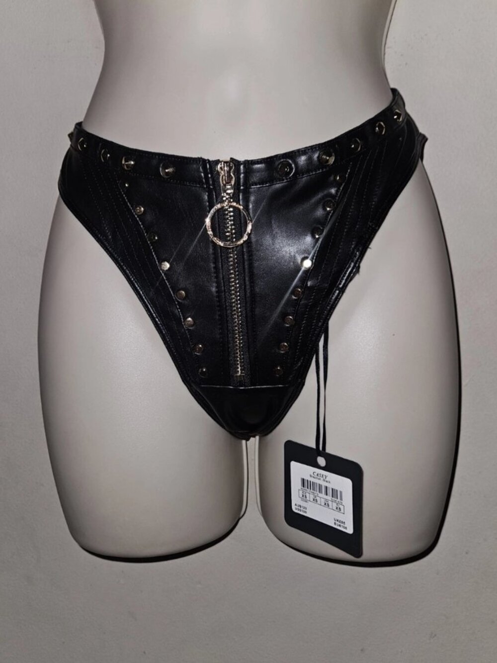 Honey Birdette Casey Faux Leather Brazilian Panty with Studs and Zipper XS NWT